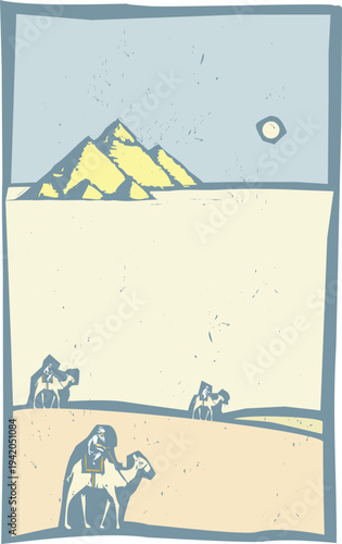 Woodcut style image of people on camels in the desert with the pyramids in teh background