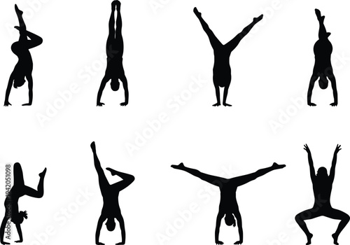 Gymnast Handstand Silhouette Vector Set with Acrobat Balance Poses, Athletic Gymnastics Training and Fitness Movement Illustration Collection