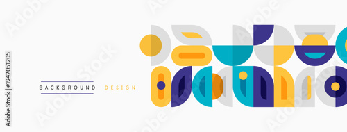 Geometric shapes create vibrant pattern. Yellow, purple, blue hues dominate design. Minimalist style suits modern backgrounds.