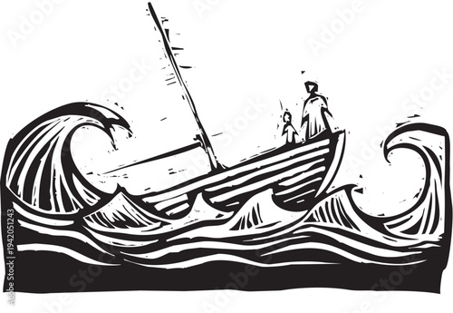 Woodcut style image of two people in a storm tossed boat at sea