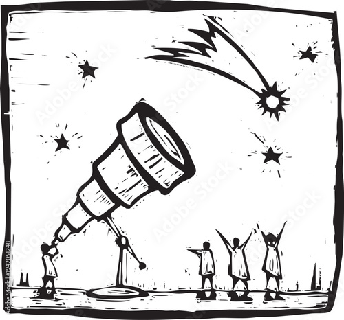 Woodcut style image of people with a telescope looking at comet