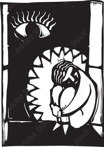Woodcut style image of a person consumed by depression in a shape of a monster
