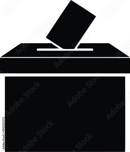 A black and white image of a ballot box with a paper being inserted