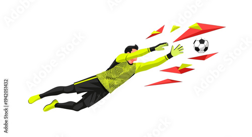 Goalkeeper diving to catch soccer ball.