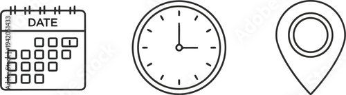 A calendar, clock and location pin icon set