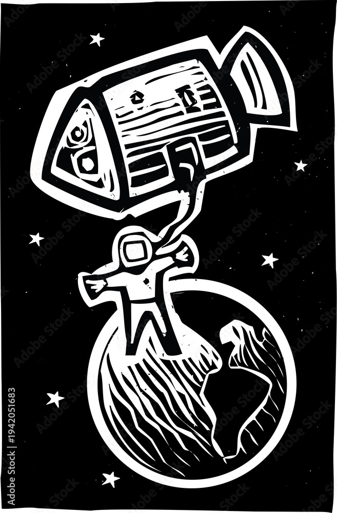 Fototapeta premium Woodcut style image of a an astronaut and space capsule in orbit around the earth
