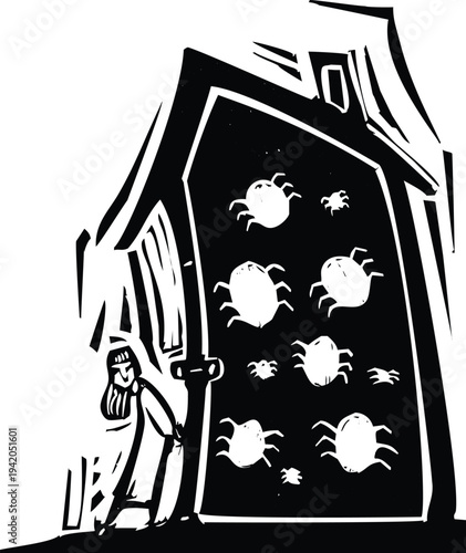 Woodcut style woman afraid of a bug infestation in her house.