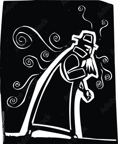 Woodcut style image of a walking man with a flu or cold spreading germs