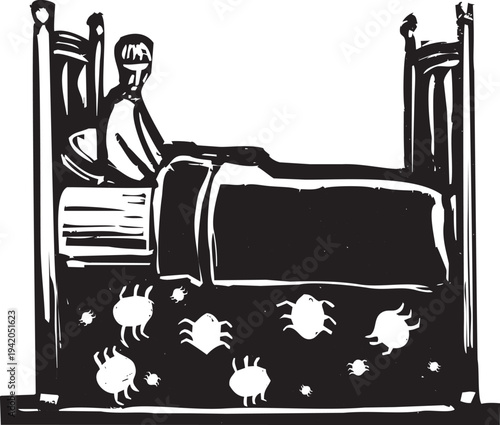 Woodcut style image of a person fearing a bedbug infestation under his bed