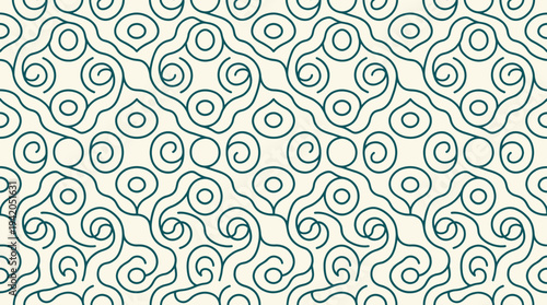 Elegant Abstract Fractal Seamless Pattern Dark Teal Lines on Cream Background