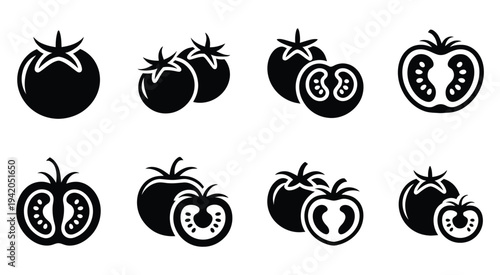 Tomato icon set minimal style including whole, sliced, and cross-section vegetable symbols,