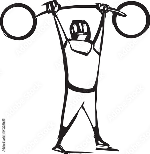 Woodcut style circus strong man performer lifting barbells. 