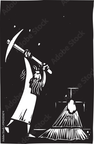 Woodcut style image of a man escaping a prison using a pickax.