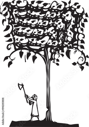 Woodcut style image of a girl chopping down a tree with an ax
