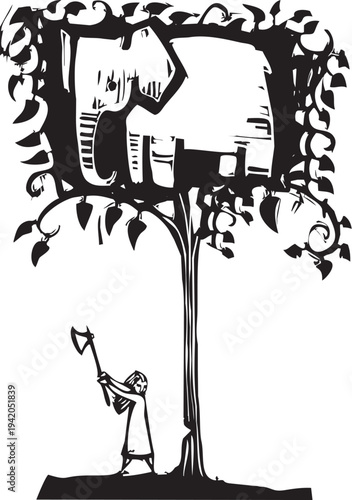 Woodcut image of a woman cutting down a tree in which an elephant is hiding.