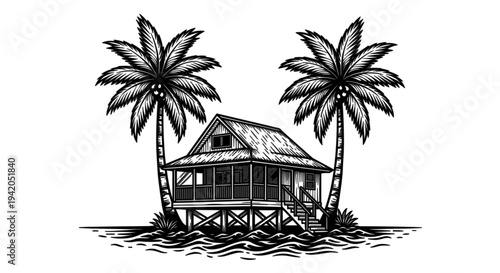 Vector illustration of a beach hut with palm trees