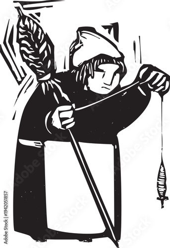Woodcut style image of a woman spinning thread with a distaff
