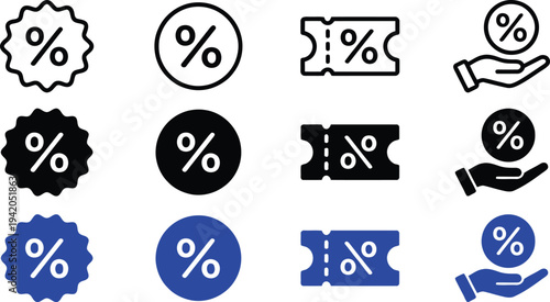 Collection of discount and percentage icons in various colors and styles