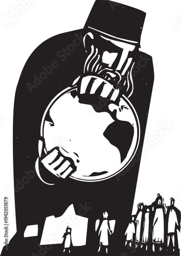 Woodcut image of a giant man holding the world