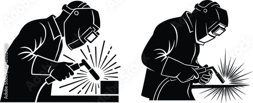 Industrial welder worker silhouette set welding metal with protective mask sparks manufacturing industry vector illustration isolated on white background