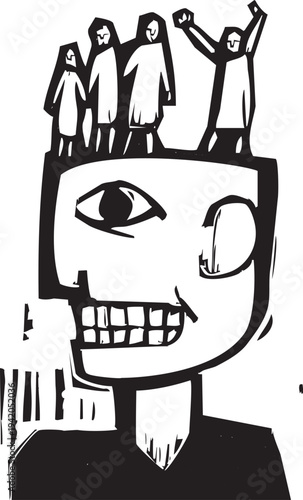 Woodcut style image of a man thinking about other people