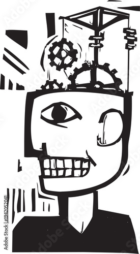 Woodcut style image of man with gears where his brain should be