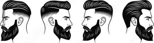 Men Hairstyle and Beard Style Vector Set with Modern Barber Haircuts and Grooming Fashion Silhouette Collection