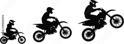 Motocross Rider Silhouette Set Performing Dirt Bike Jump and Wheelie Stunts, Off Road Motorcycle Racing Vector Illustration Collection