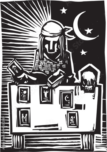 Woodcut style gypsy reading the future through tarot cards