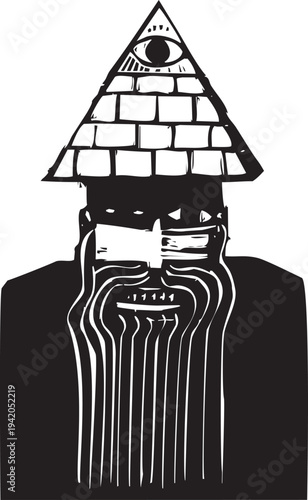 Woodcut style image of a paranoid conspiracy theorist with a pyrmamid hat
