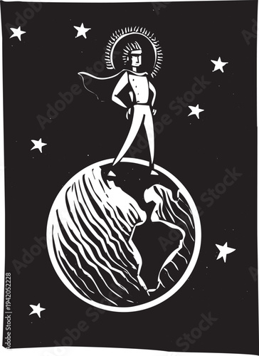 Woodcut style image of a super hero astride the earth