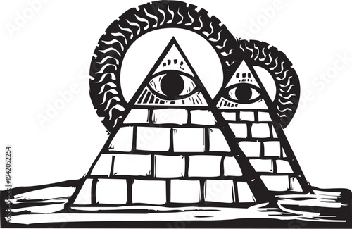 Woodcut style image of pyramids with the masonic eye