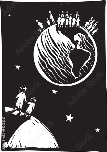 Woodcut style image of a woman and child looking at an over populated earth