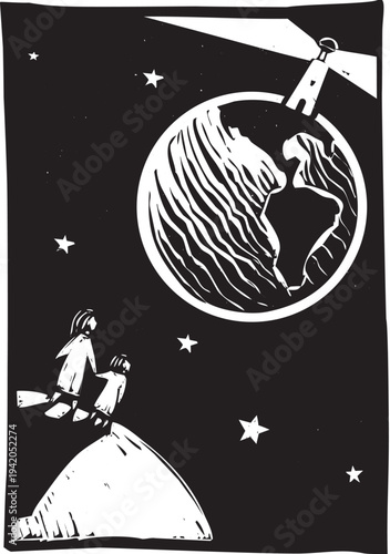 Woodcut image of a child and mother looking at light house on the globe of the earth