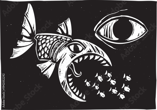 Woodcut style image expressing the idea of a big fish eating the little fish