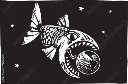 Woodcut image of a giant fish eating the earth