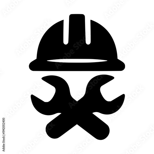 Black construction hard hat and wrench safety equipment icon set flat design vector illustration