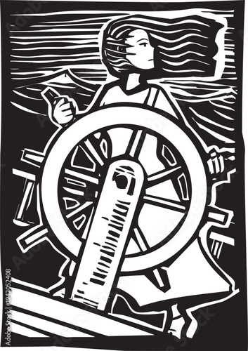 Woodcut style image of a woman steering a pirate ship