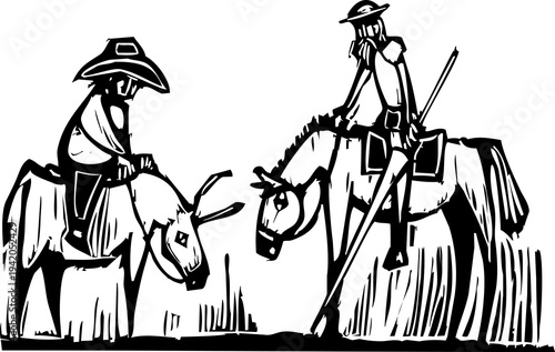 Tableau sur toile Woodcut style image of Don Quixote and his servant