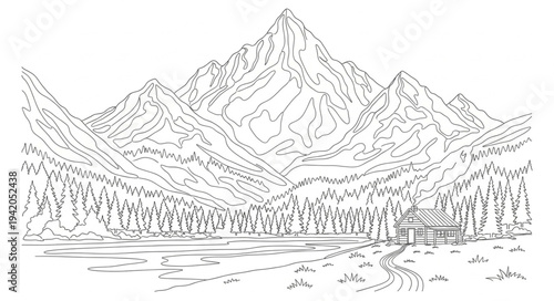 Line Drawing of Mountain Landscape with Trees and Cabin.