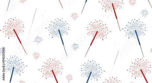 Seamless pattern of red, white and blue fireworks vector