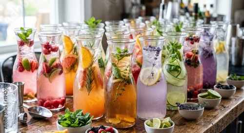 Colorful infused water carafes lined up on bar, refreshing drinks with fruit, herbs, and vibrant colors