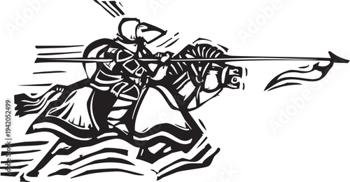 Woodcut style image of jousting knights