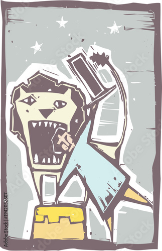 Woodcut style image of lion tamer sticking his head in the beasts mouth