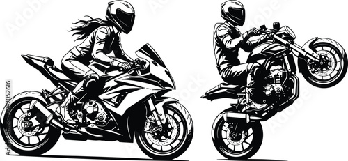 Sport Motorcycle Riders Vector Illustration Featuring Female and Male Bikers Performing High Speed Racing and Wheelie Stunt Action