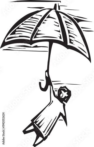 Woodcut style im age of man being carried aloft by an umbrella