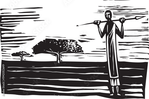Woodcut style african herdsman with a spear