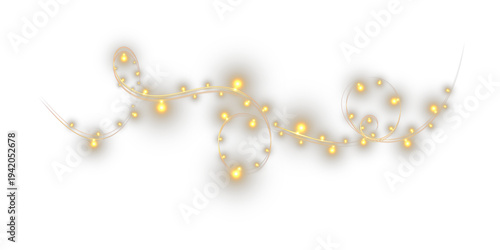 Golden glowing festive light garland swirl decoration isolated on black background.