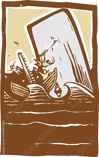 Woodcut style color image of a whale attacking a whaling boat
