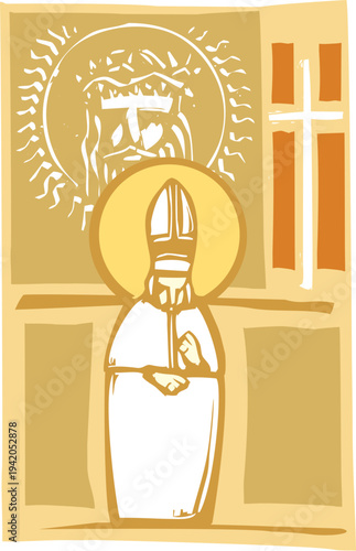 Woodcut style religious image of a catholic pope